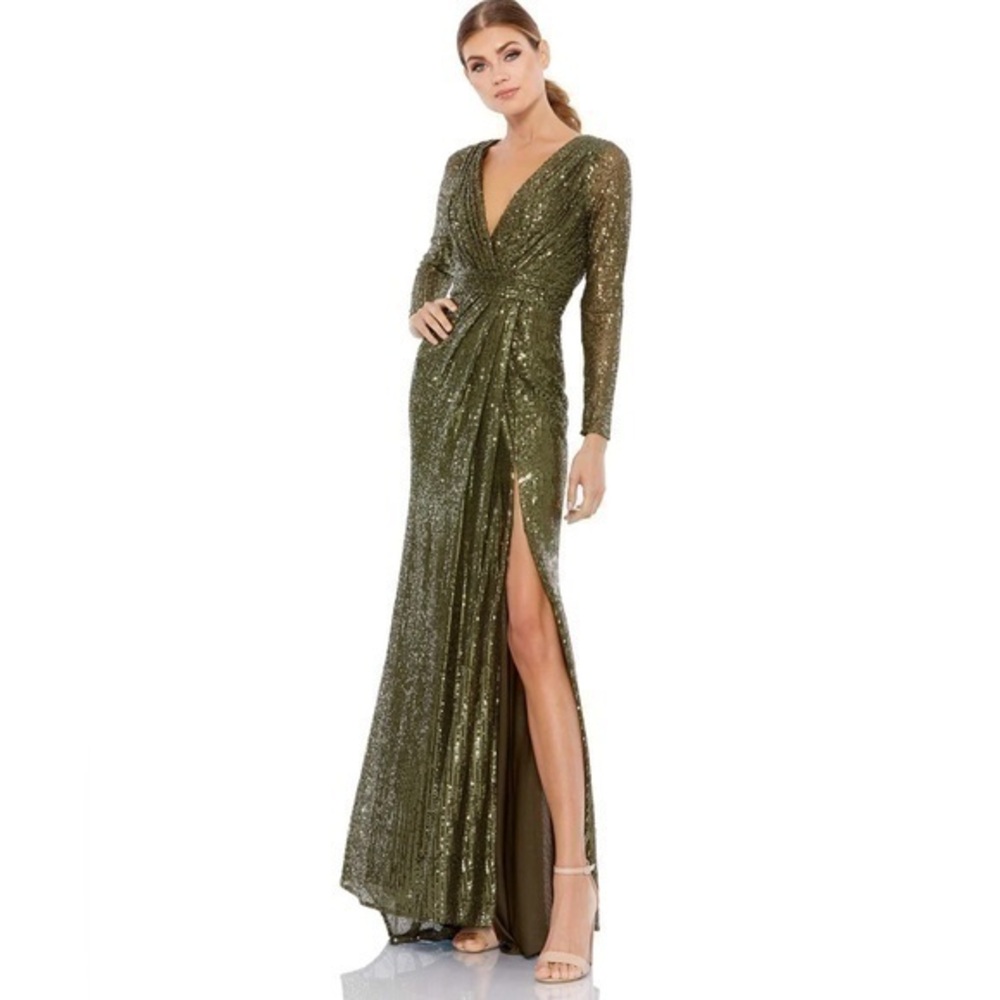 MAC DUGGAL Olive Sequined Long Sleeve Evening Gown